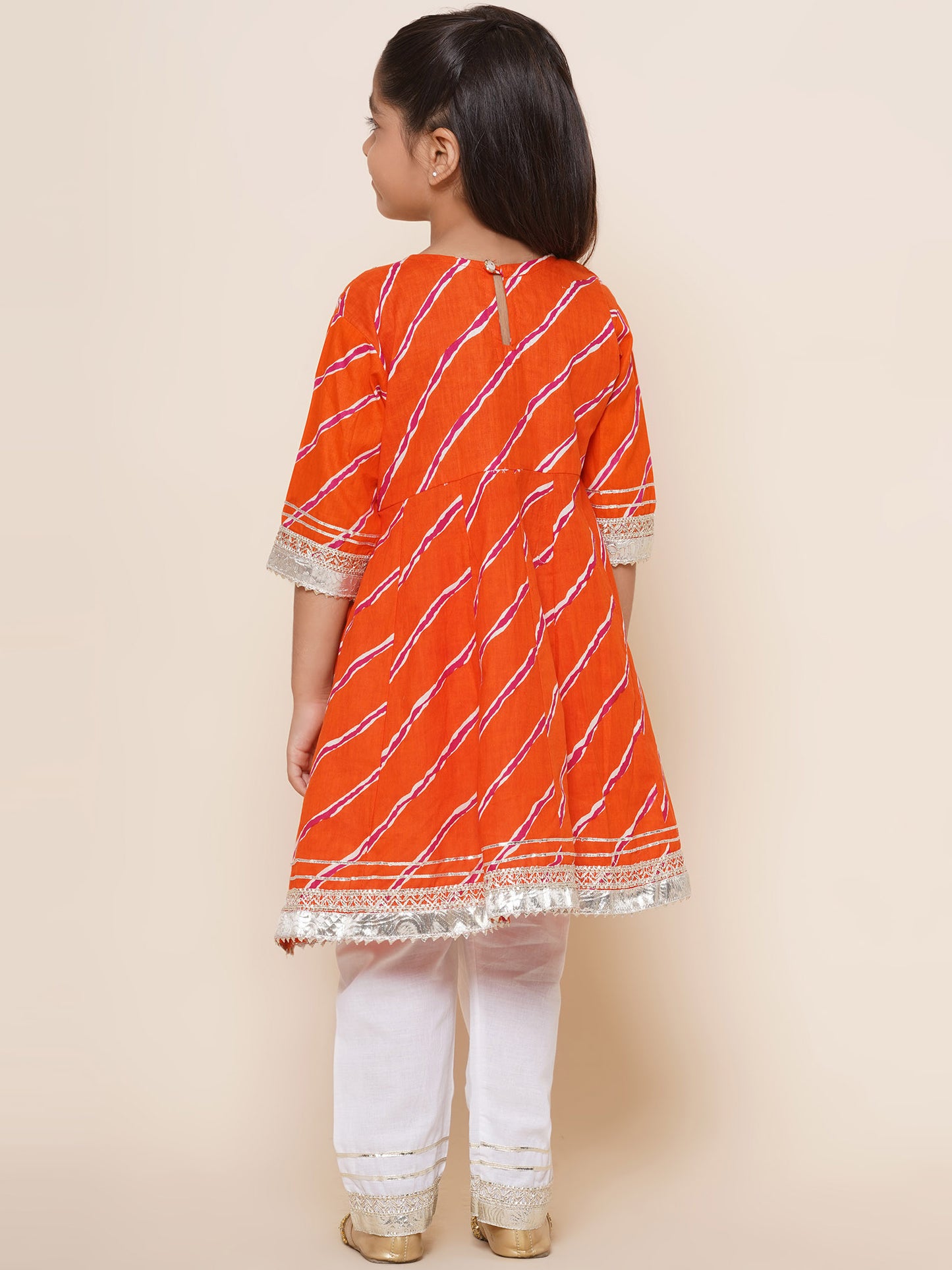 Girls Kids Cotton Orange Anarkali Kurta Pajama Set
