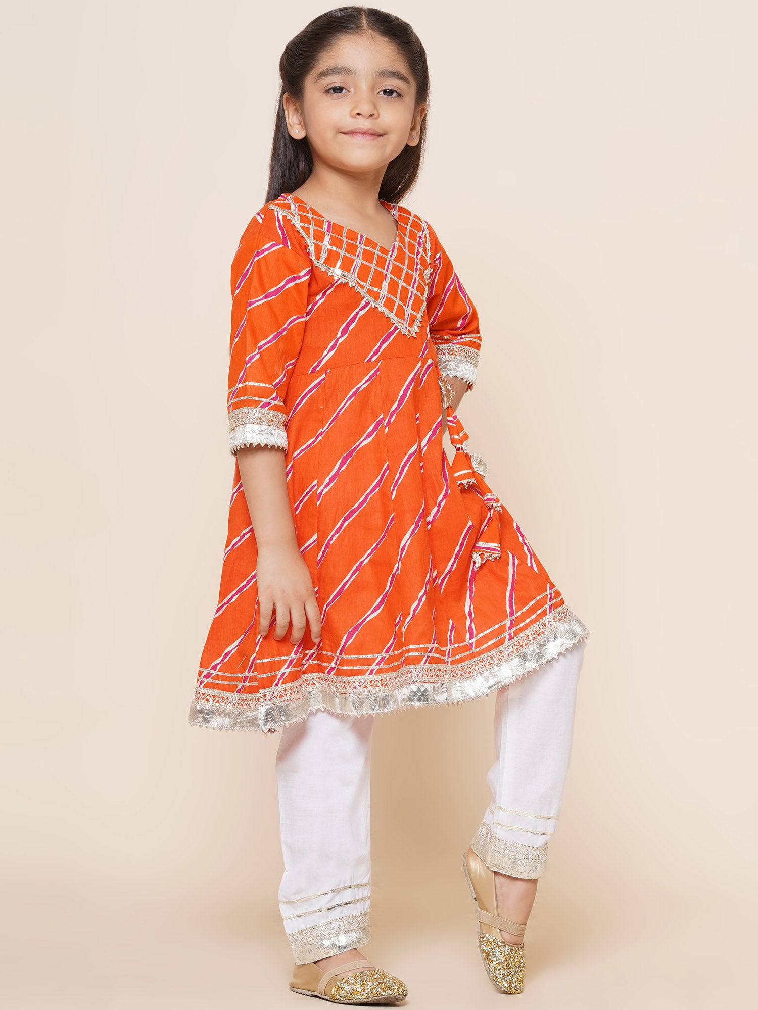 Kids Girls Orange Embroidered Cotton Suit Set