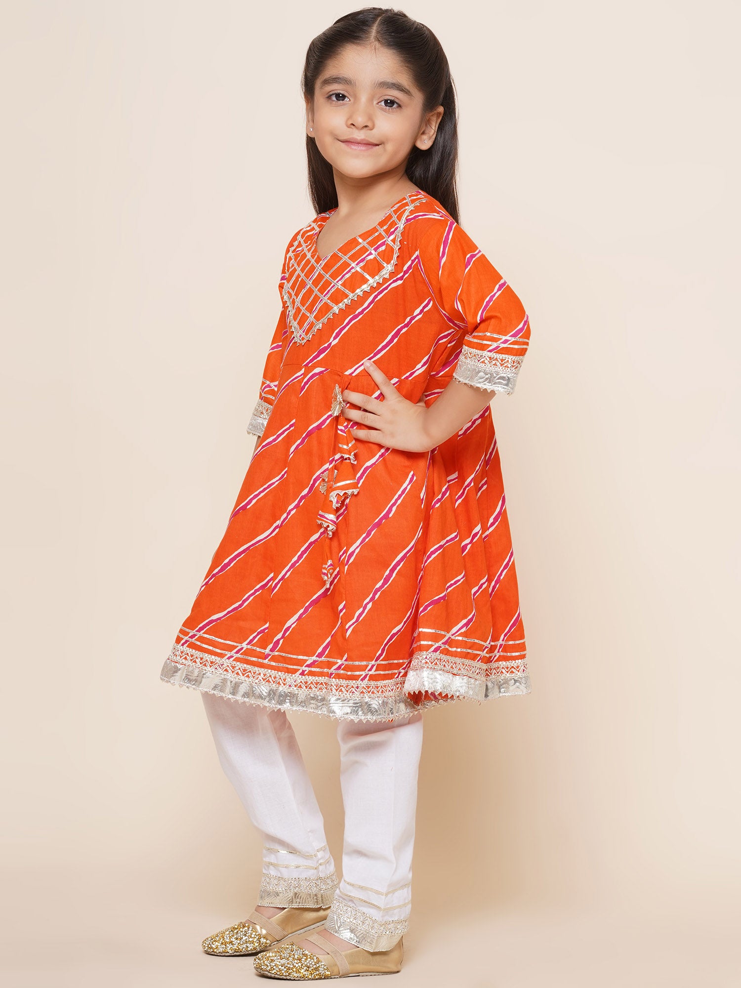 Kids Girls Orange Embroidered Cotton Suit Set