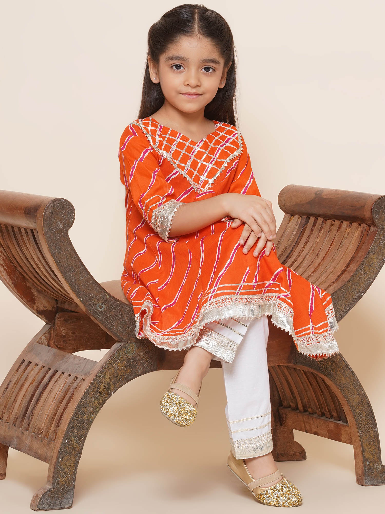Kids Girls Orange Embroidered Cotton Suit Set