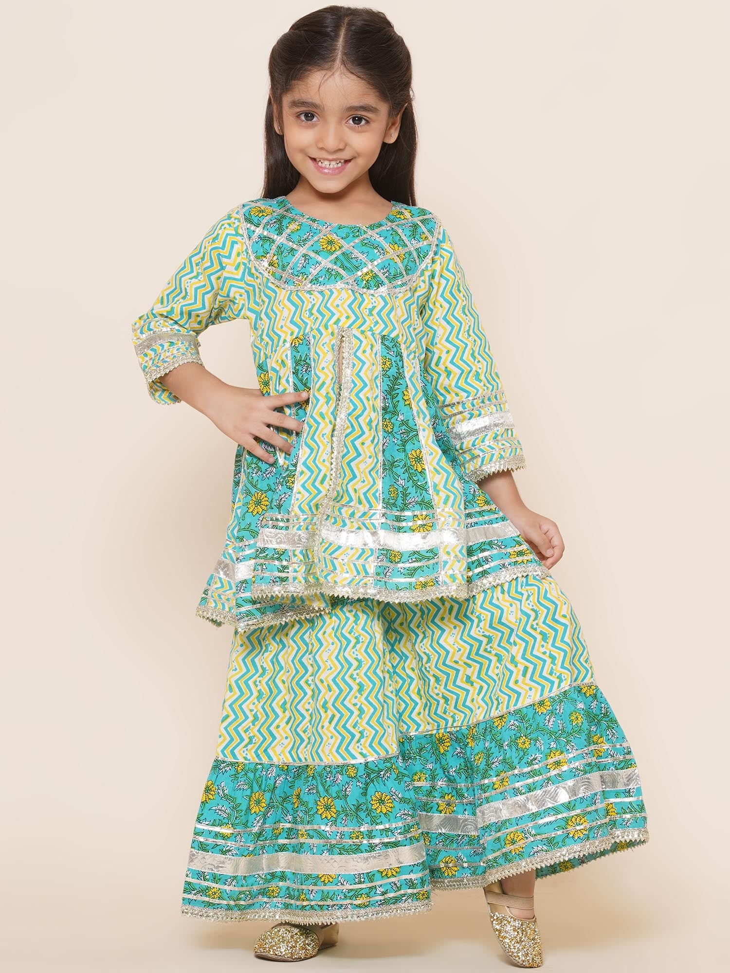Kids Girls Green Embroidered Cotton Sharara