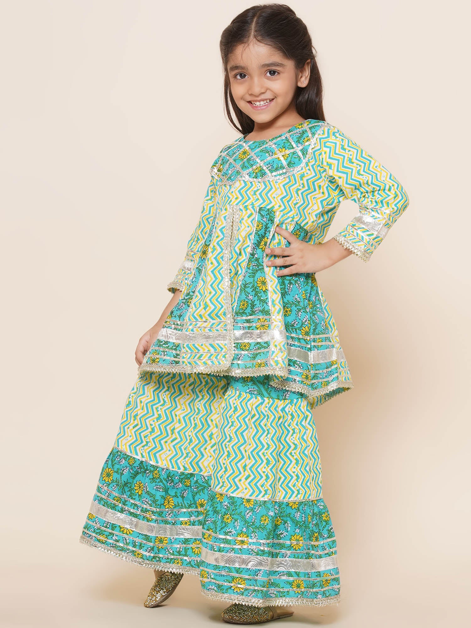 Kids Girls Green Embroidered Cotton Sharara