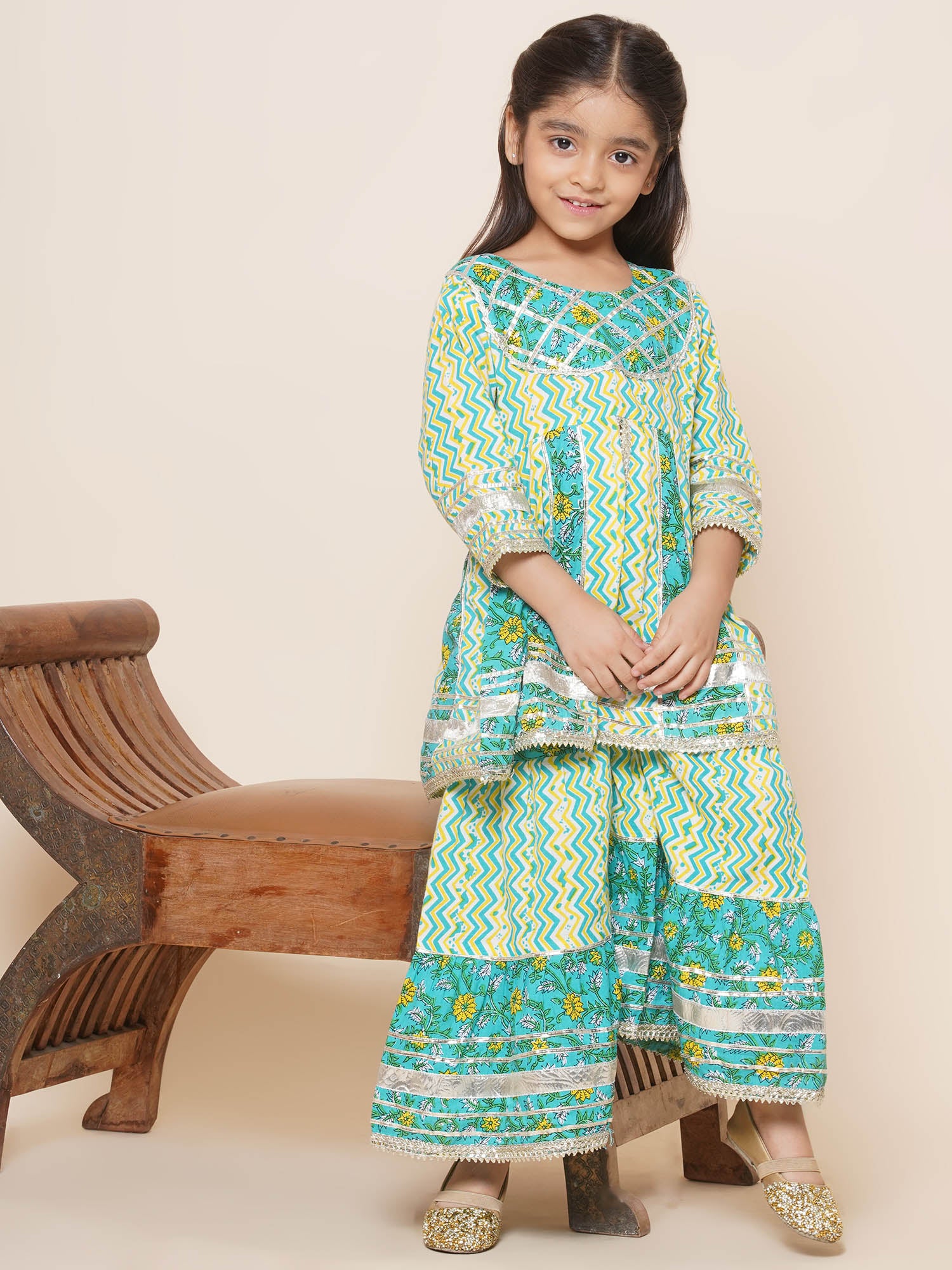 Kids Girls Green Embroidered Cotton Sharara