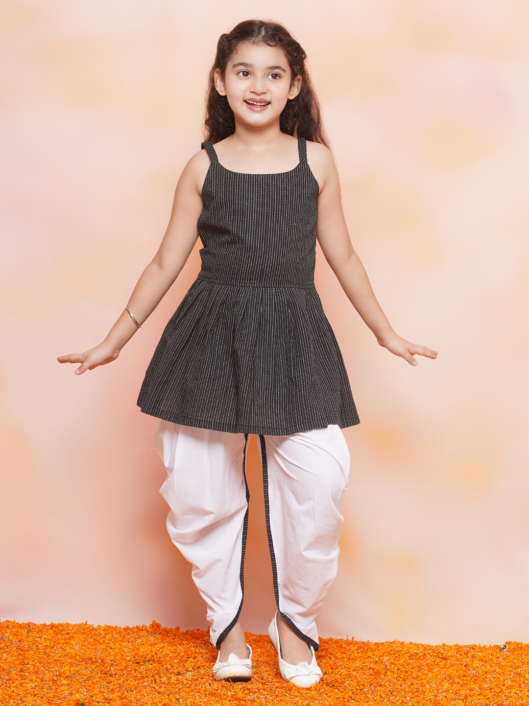 Boys Pure Cotton Kurta Pyjamas and Girls Kurta With Dhoti Pants-Sibling Sets -Black