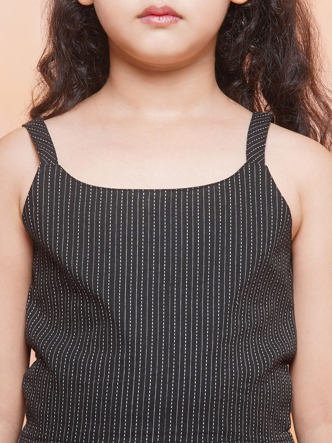 Girls Cotton Stripe Print Sleeveless A Line Black Kurta Dhoti Set