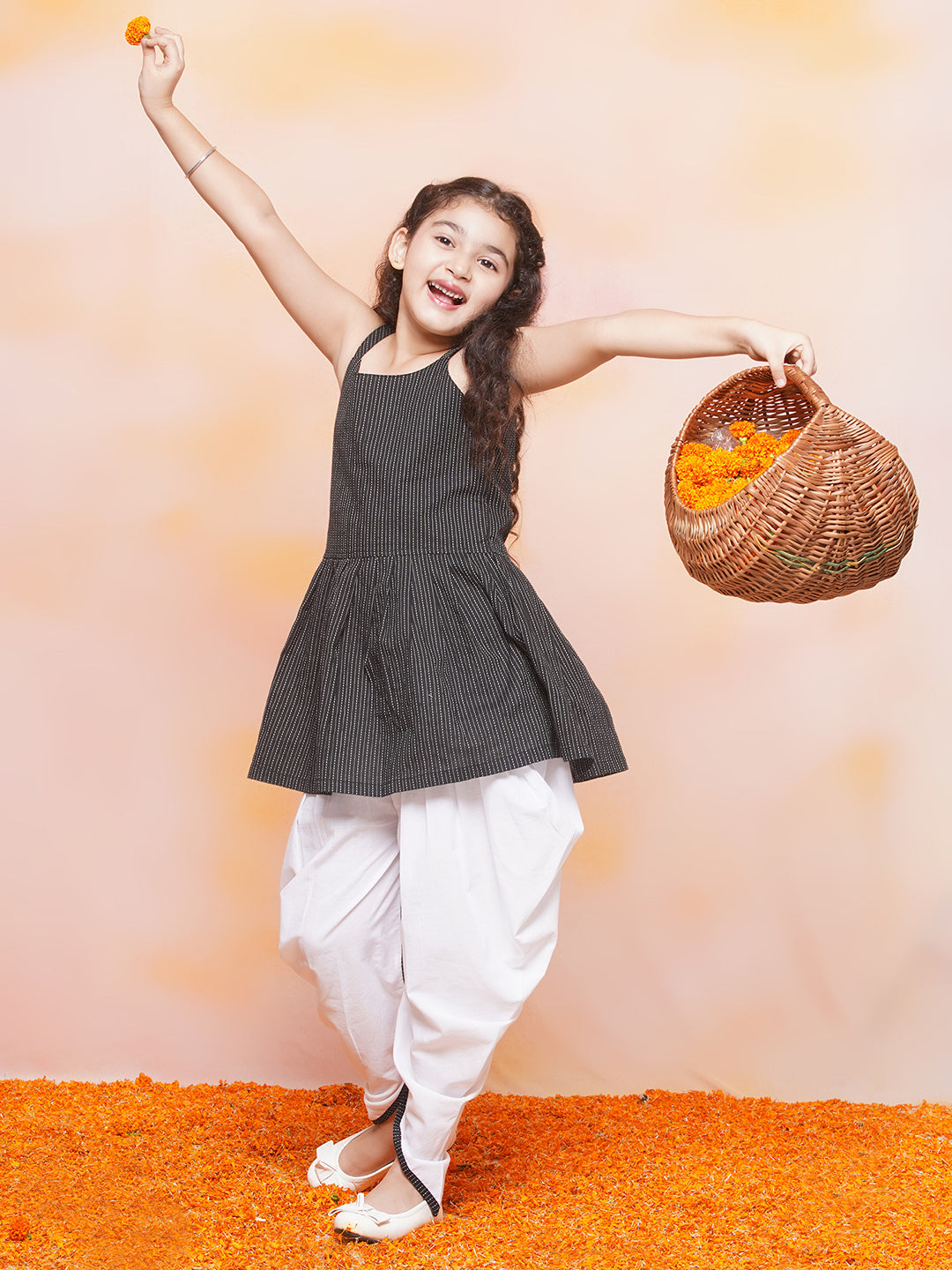 Kids Girls Black Striped Cotton Patiala Suit - AJ Dezines