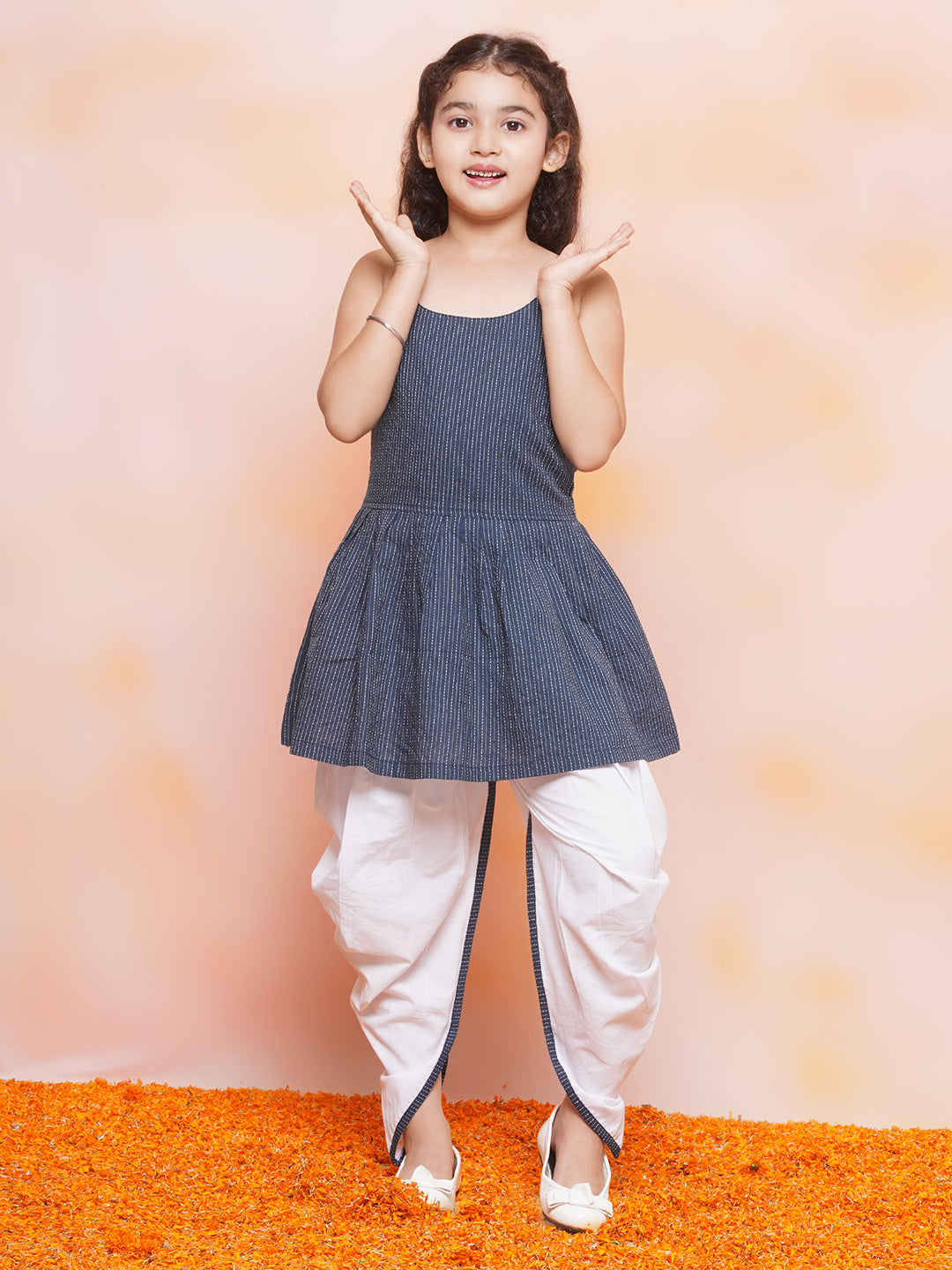 Kids Girls Blue Striped Cotton Patiala Suit