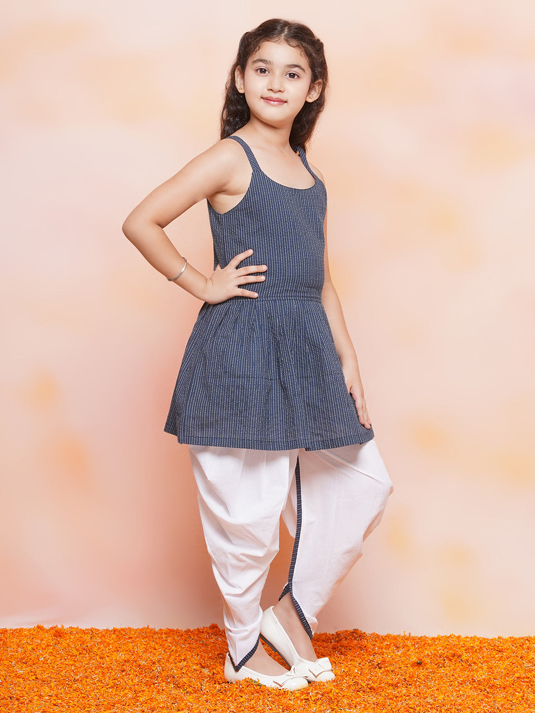 Girls Cotton Stripe Print Sleeveless A Line Blue Kurta Dhoti Set