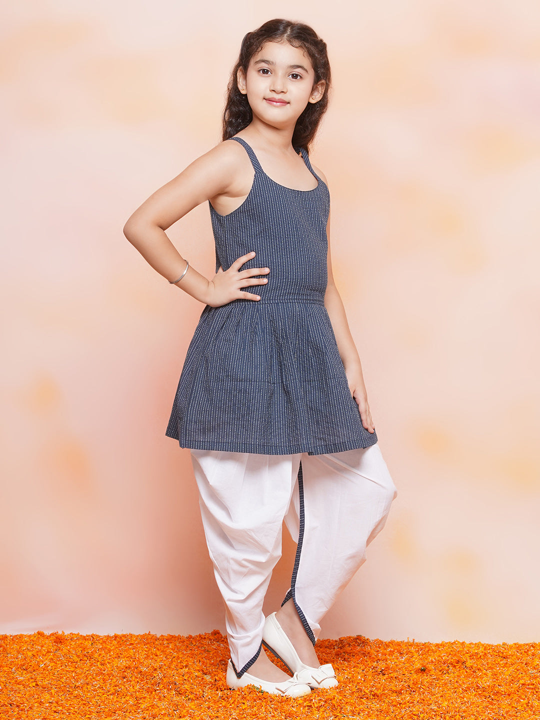 Kids Girls Blue Striped Cotton Patiala Suit