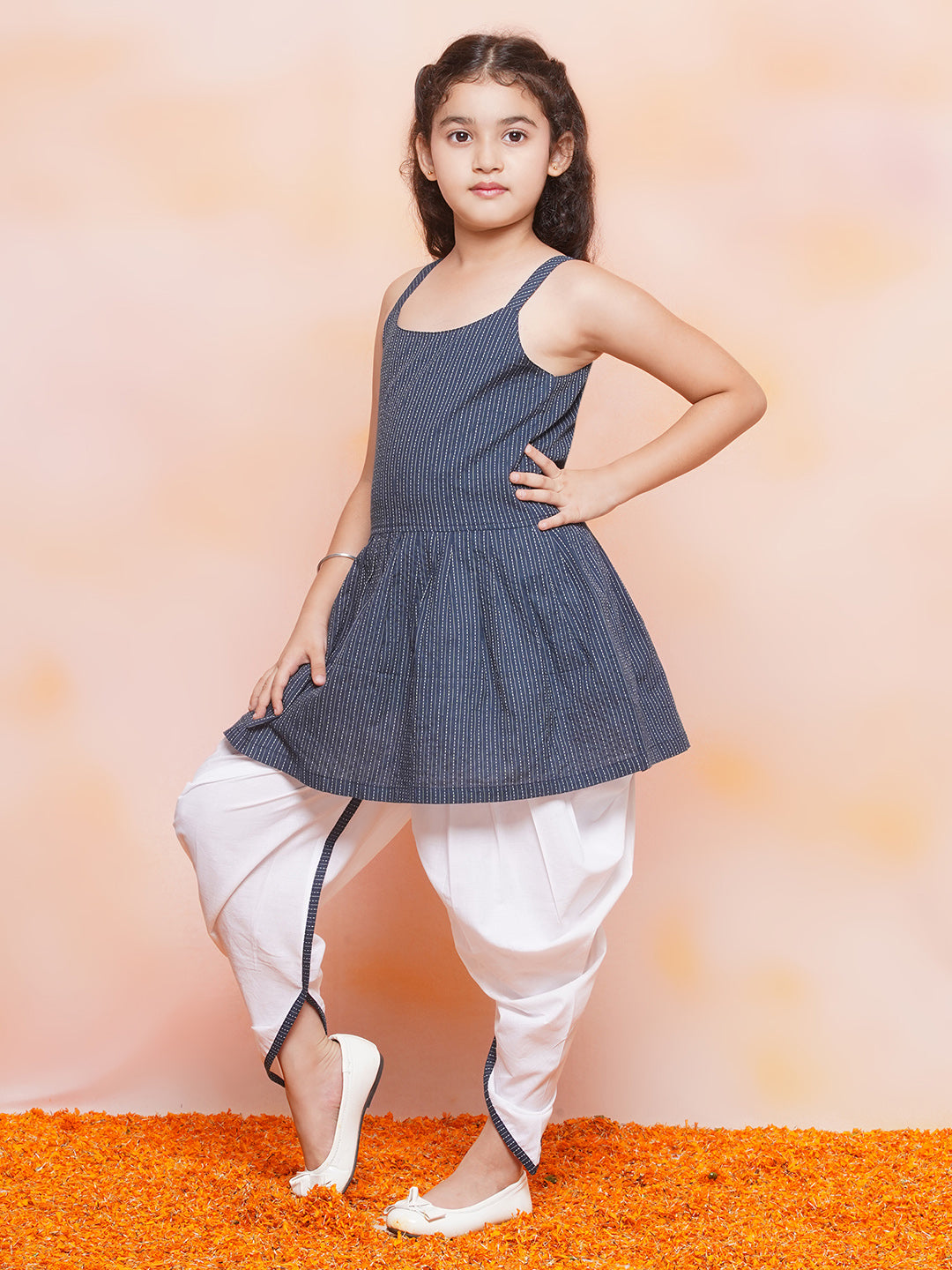 Kids Girls Blue Striped Cotton Patiala Suit