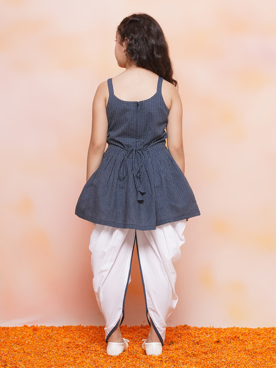 Kids Girls Blue Striped Cotton Patiala Suit
