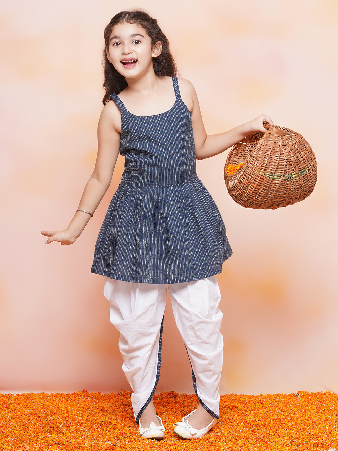 Kids Girls Blue Striped Cotton Patiala Suit