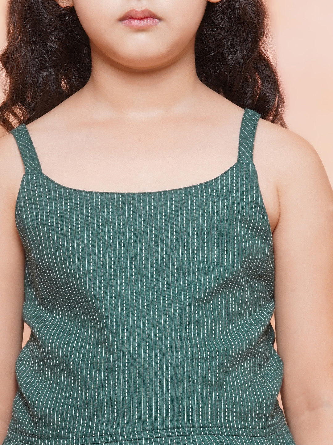 Girls Cotton Stripe Print Sleeveless A Line Green Kurta Dhoti Set
