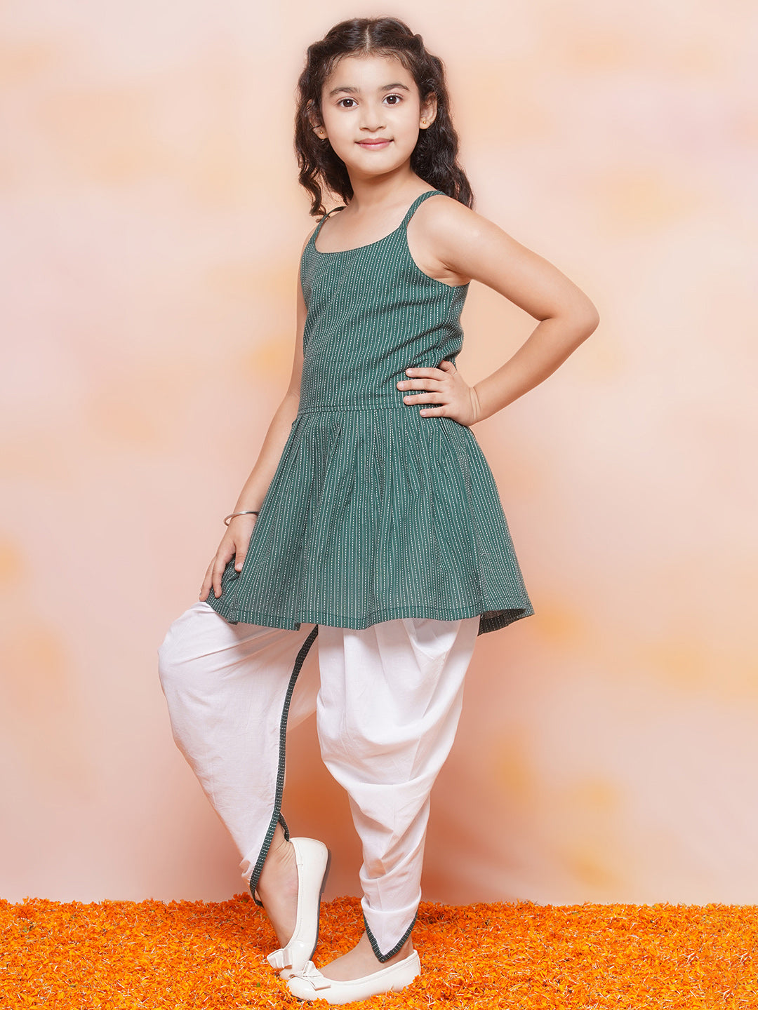 Kids Girls Green Striped Cotton Patiala Suit
