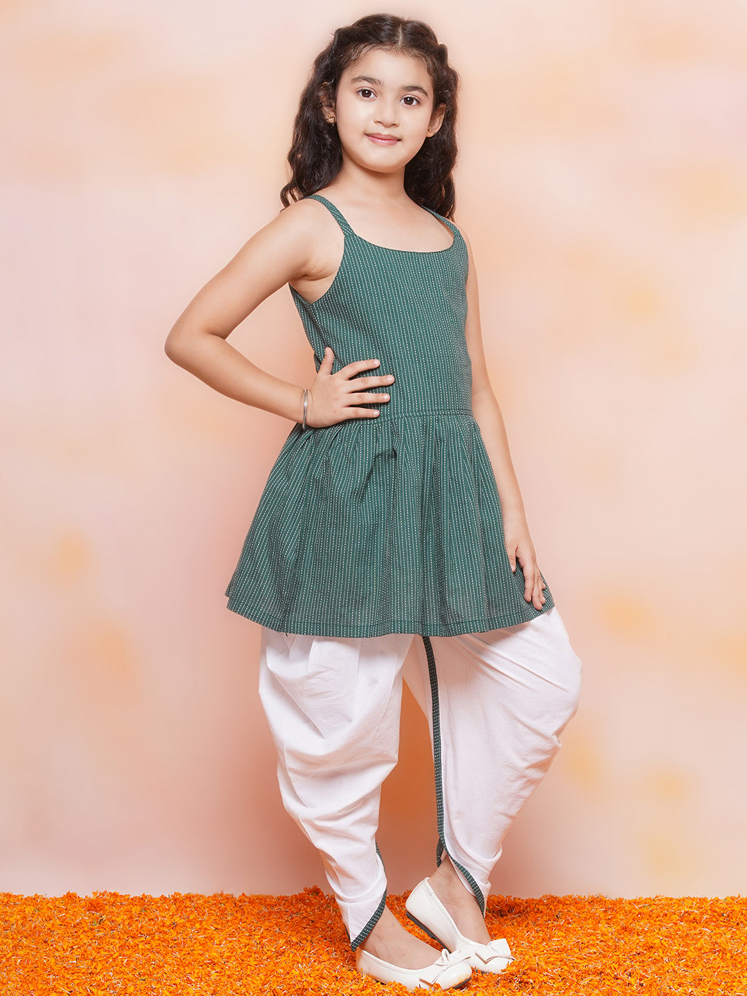 Boys Pure Cotton Kurta Pyjamas and Girls Kurta With Dhoti Pants-Sibling Sets -Green