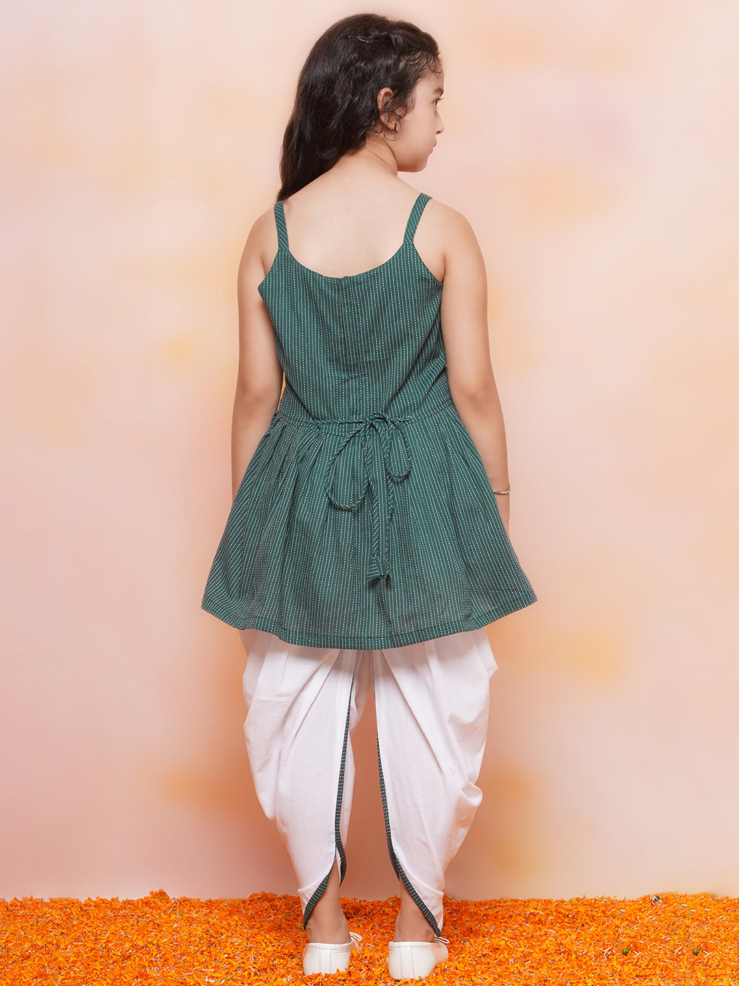 Girls Cotton Stripe Print Sleeveless A Line Green Kurta Dhoti Set