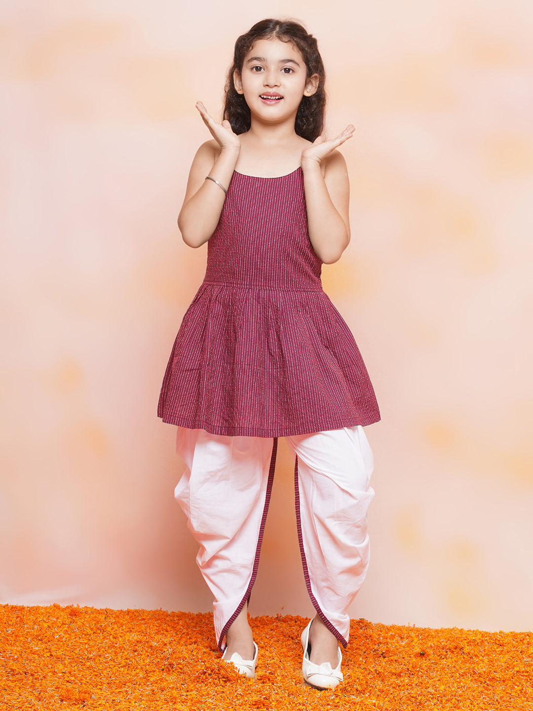 Girls Cotton Stripe Print Sleeveless A Line Red Kurta Dhoti Set