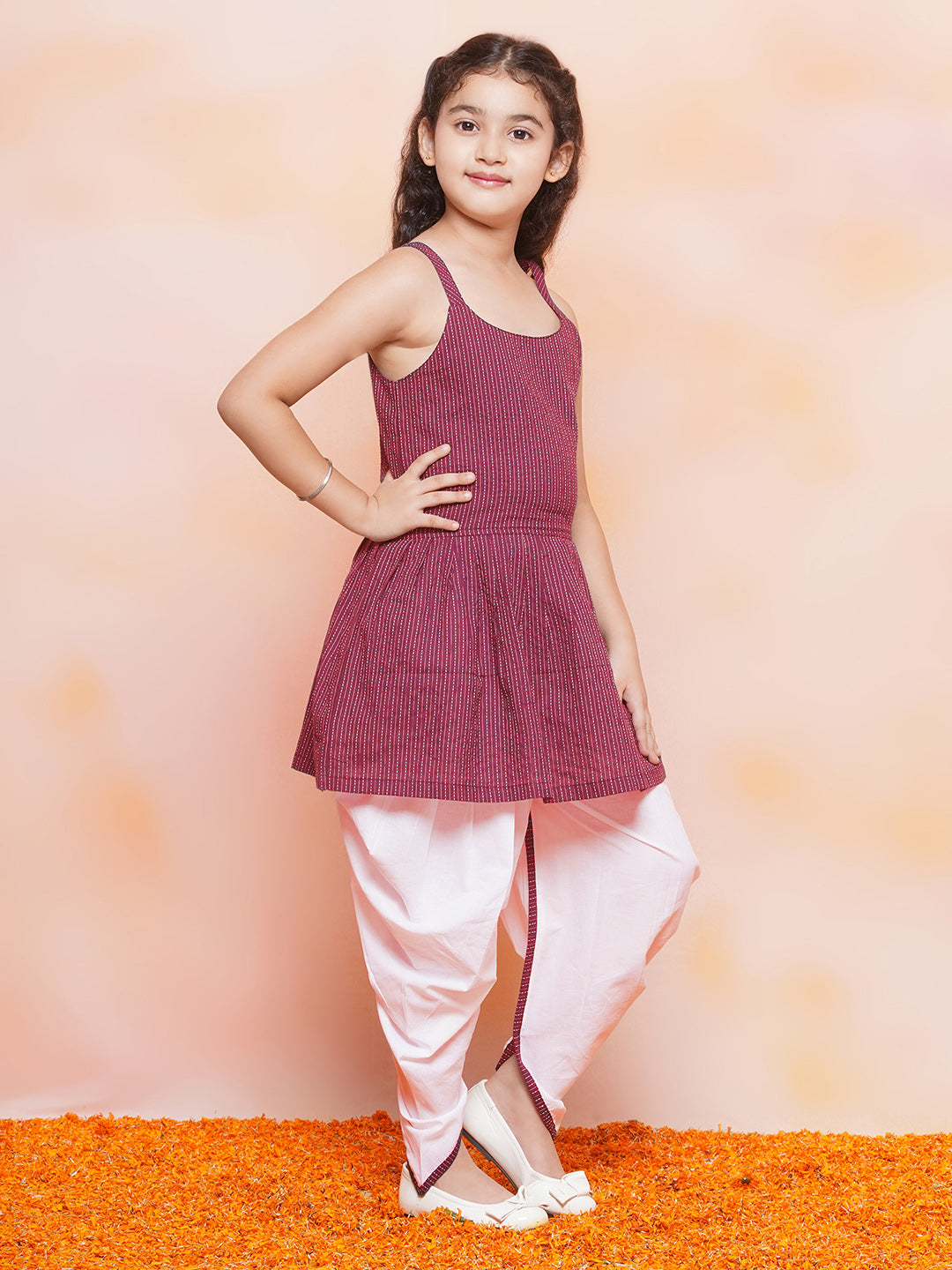Girls Cotton Stripe Print Sleeveless A Line Red Kurta Dhoti Set