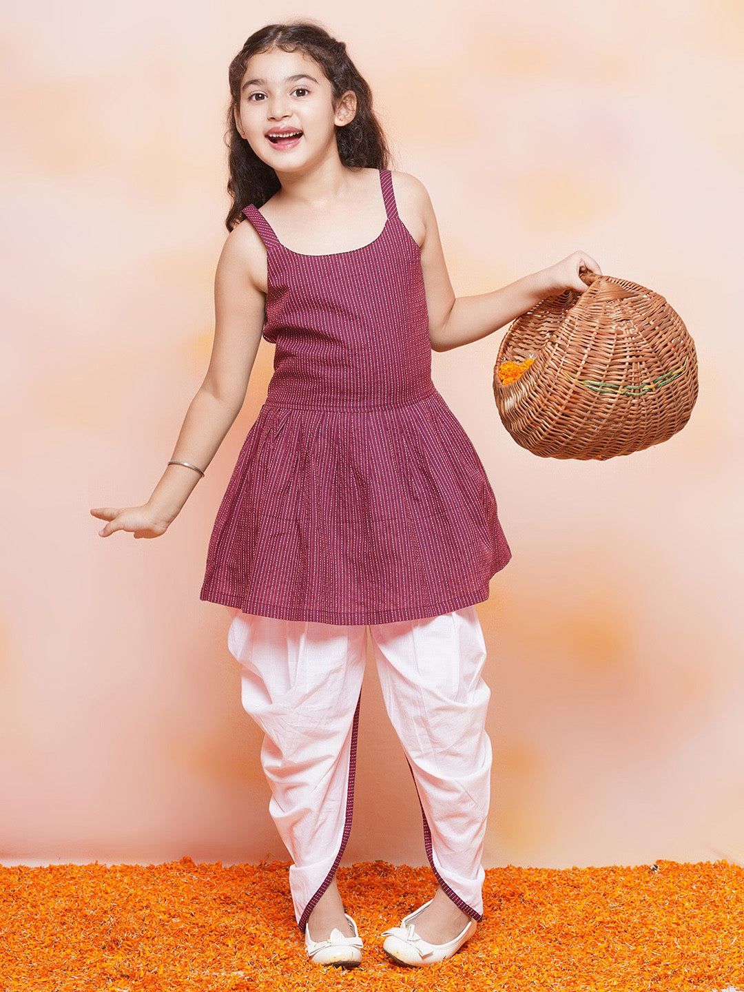 Kids Girls Red Striped Cotton Patiala Suit