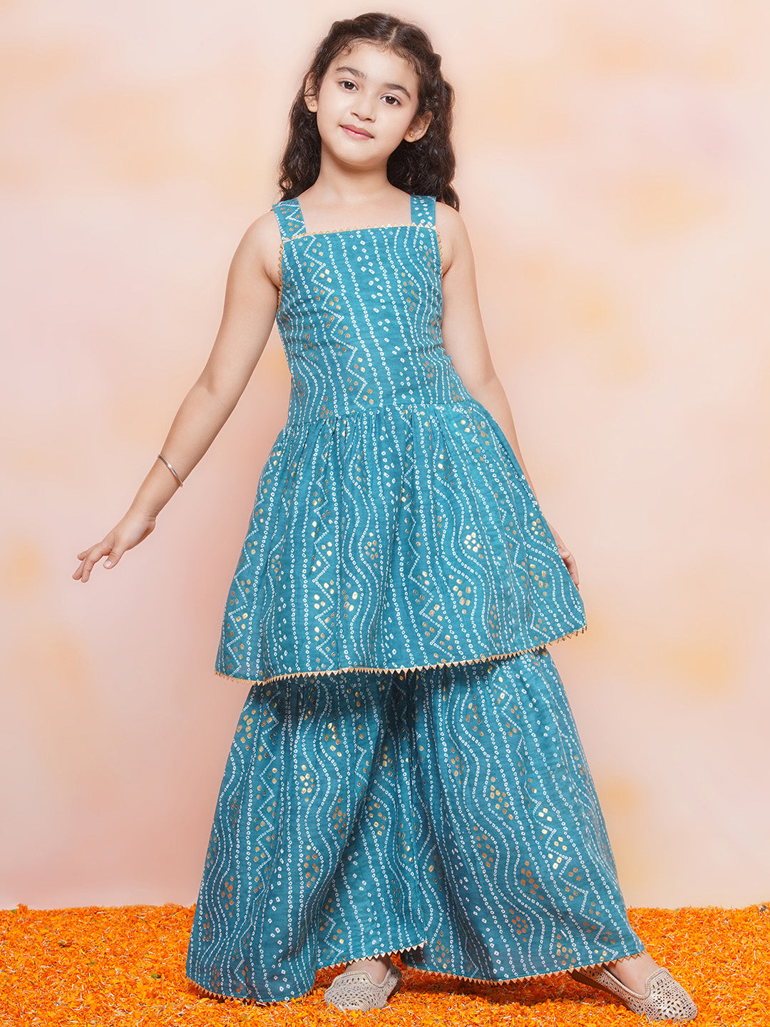 Kids Girls Blue Printed Cotton Sharara - AJ Dezines