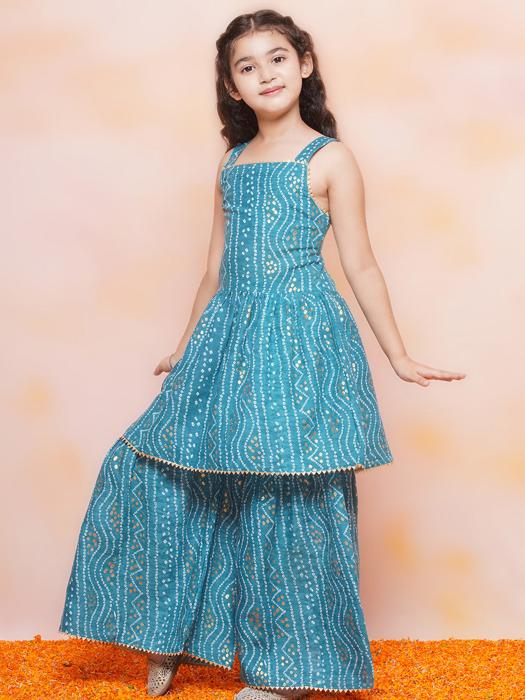 Girls Cotton Bandhani Print Blue Sleeveless A Line Kurta Sharara Set
