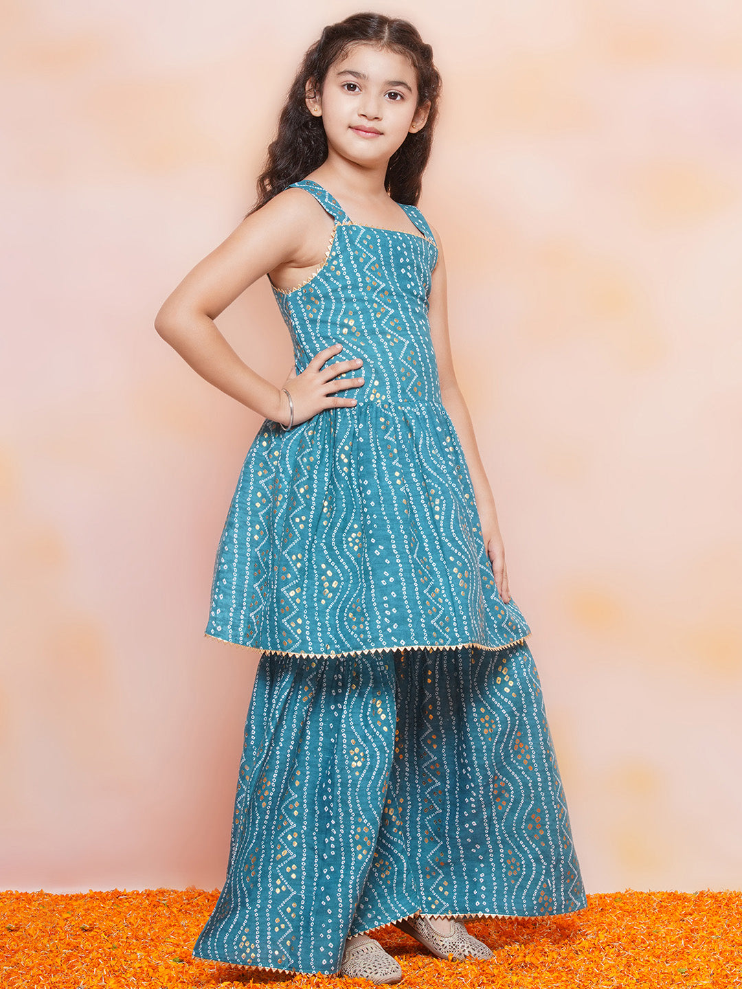 Girls Cotton Bandhani Print Blue Sleeveless A Line Kurta Sharara Set