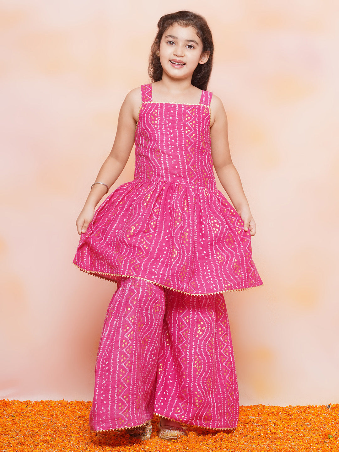 Girls Cotton Bandhani Print Pink Sleeveless A Line Kurta Sharara Set