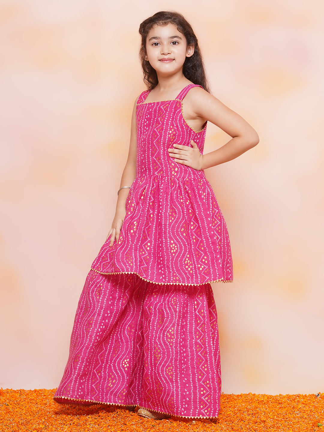 Girls Cotton Bandhani Print Pink Sleeveless A Line Kurta Sharara Set