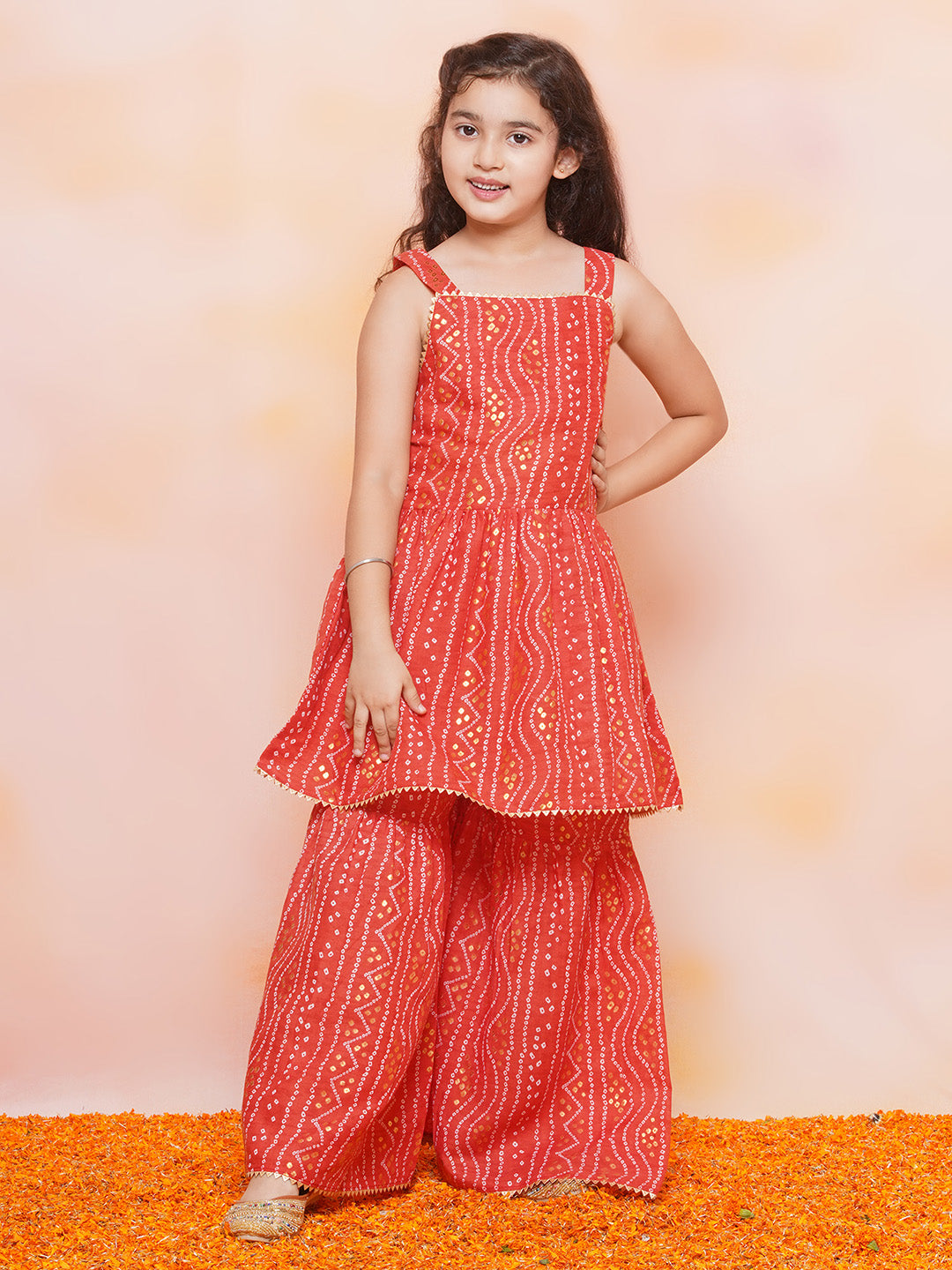 Girls Cotton Bandhani Print Red Sleeveless A Line Kurta Sharara Set