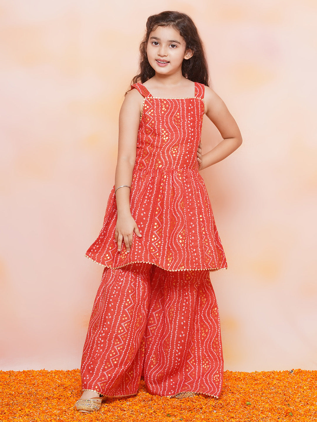 Kids Girls Red Printed Cotton Sharara