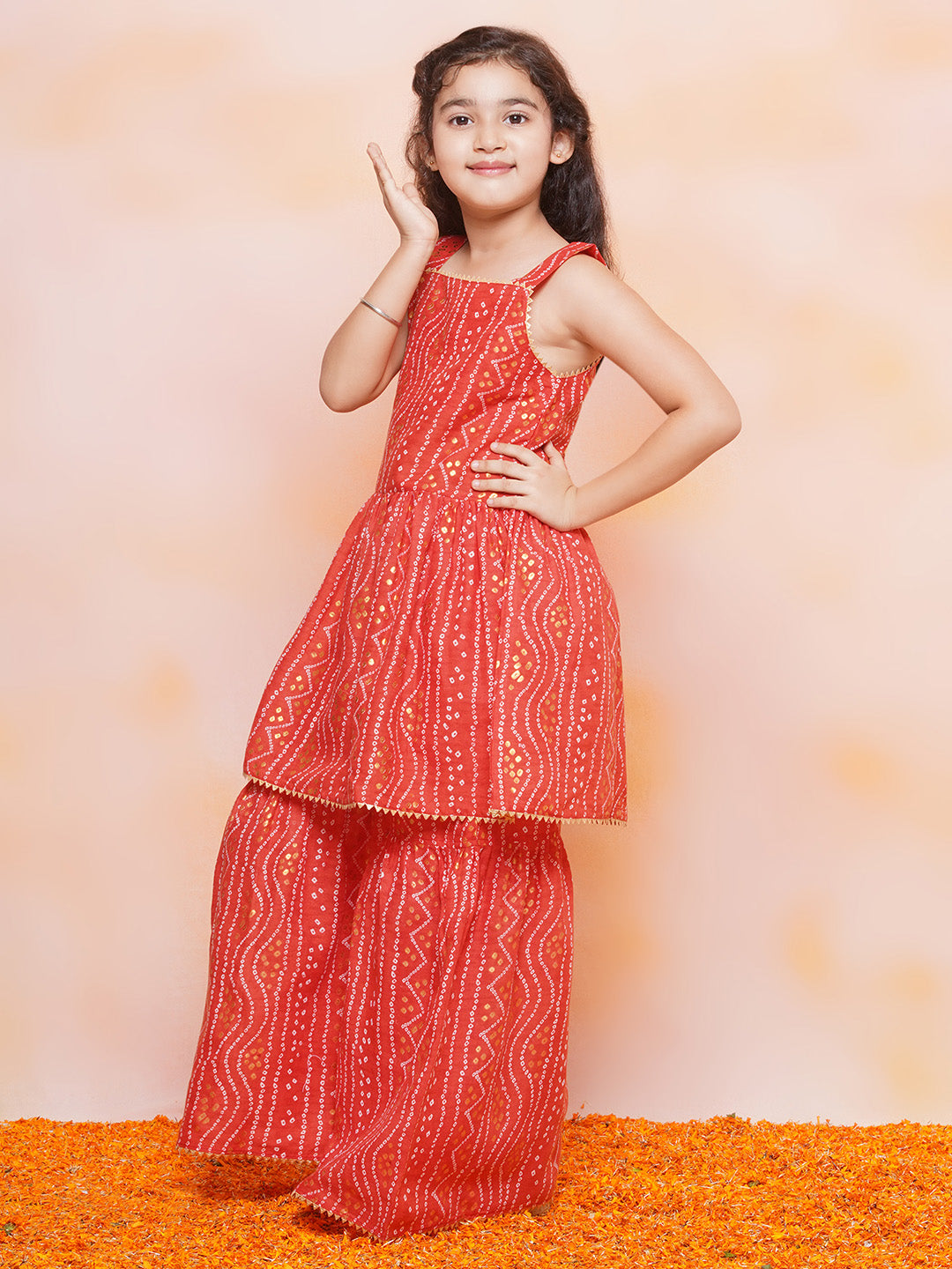 Girls Cotton Bandhani Print Red Sleeveless A Line Kurta Sharara Set