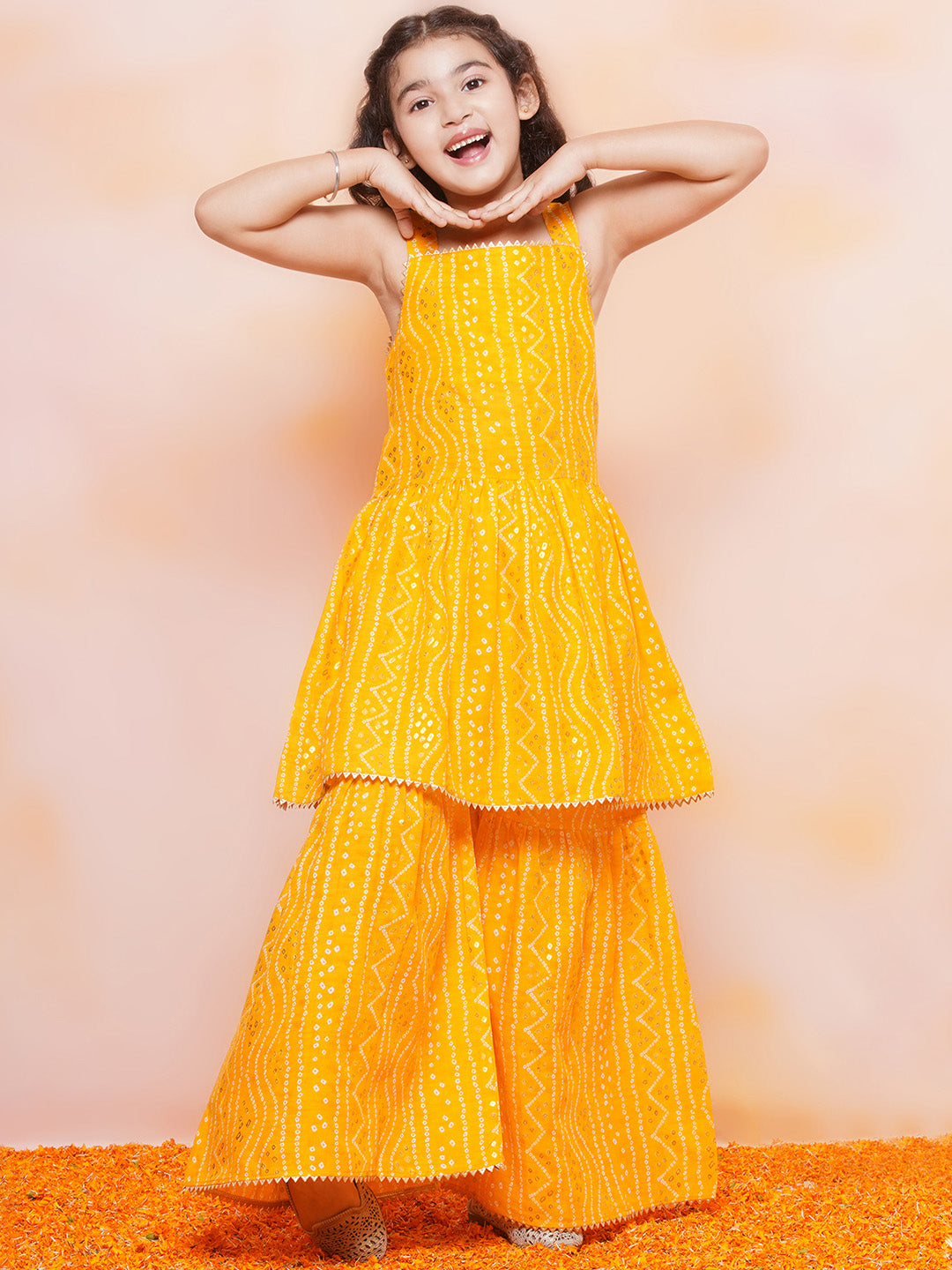 Kids Girls Yellow Printed Cotton Sharara