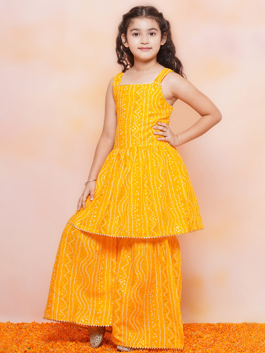 Kids Girls Yellow Printed Cotton Sharara