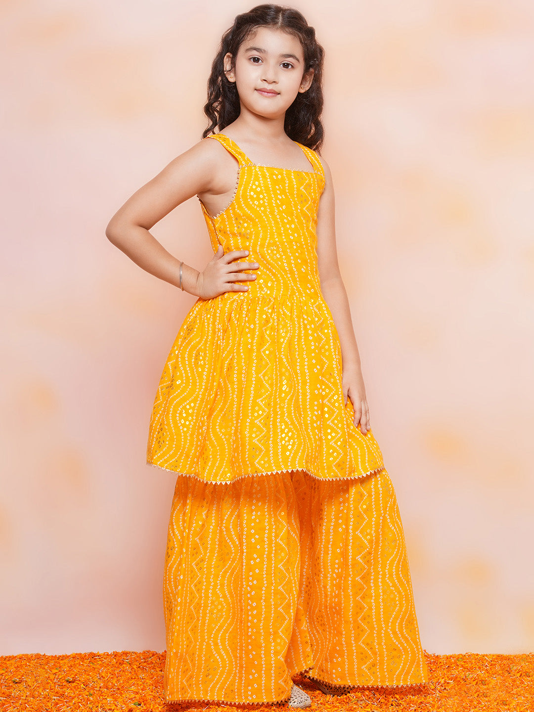 Kids Girls Yellow Printed Cotton Sharara