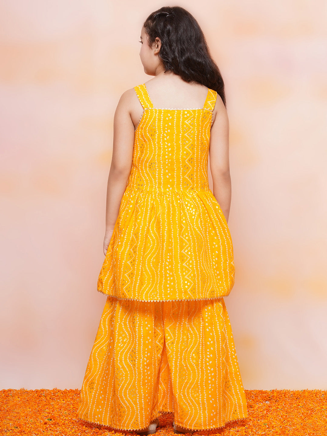 Girls Cotton Bandhani Print Yellow Sleeveless A Line Kurta Sharara Set
