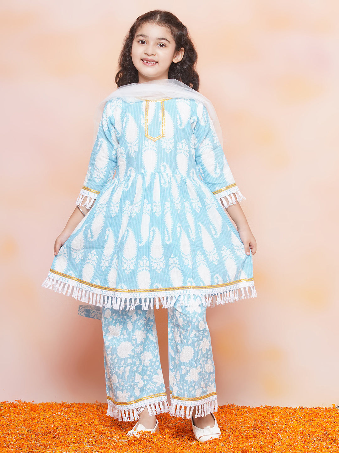 Kids Girls Blue Floral Print Cotton Sharara