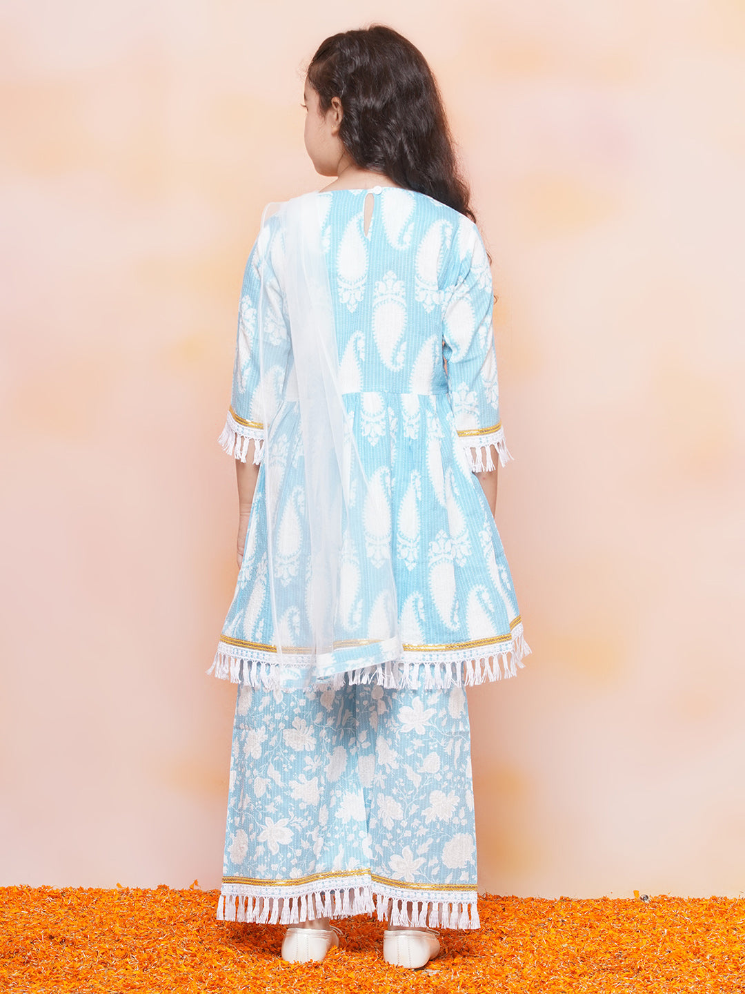 Girls Cotton Printed 3/4th Sleeve Blue Kurta Sharara set