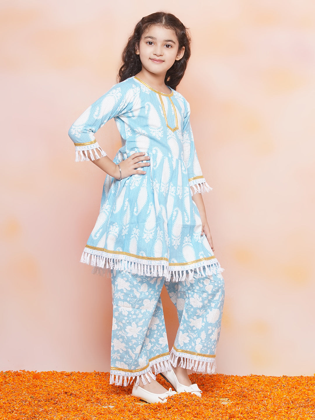 Kids Girls Blue Floral Print Cotton Sharara - AJ Dezines