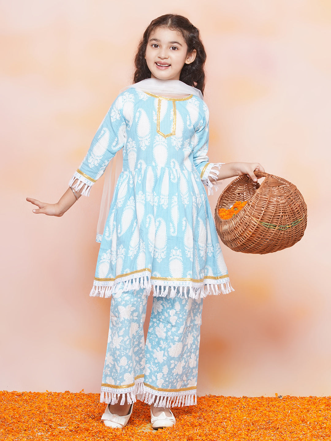 Kids Girls Blue Floral Print Cotton Sharara