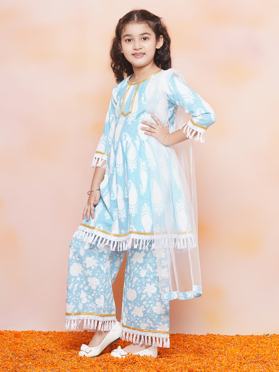 Kids Girls Blue Floral Print Cotton Sharara - AJ Dezines