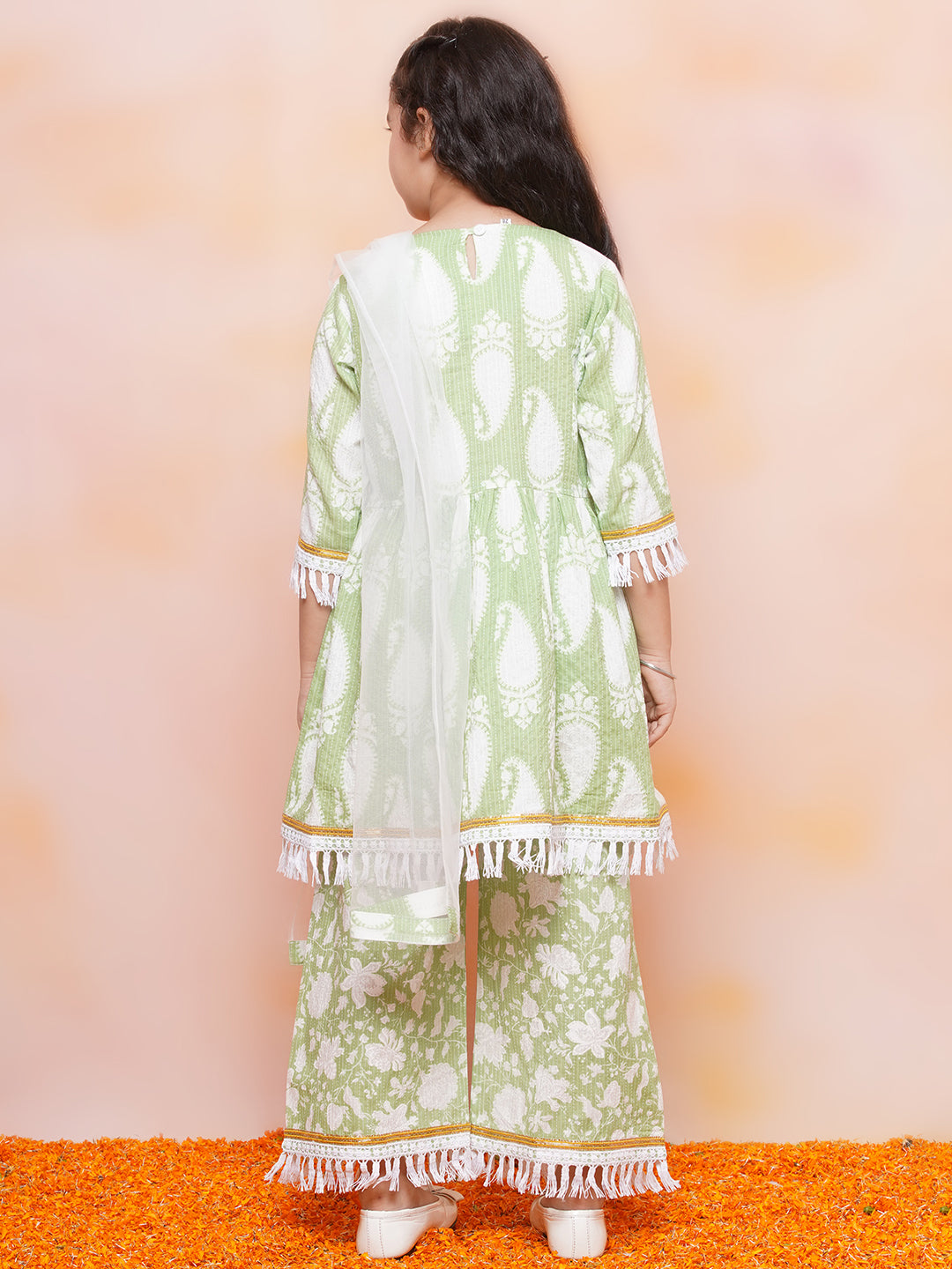 Kids Girls Green Floral Print Cotton Sharara