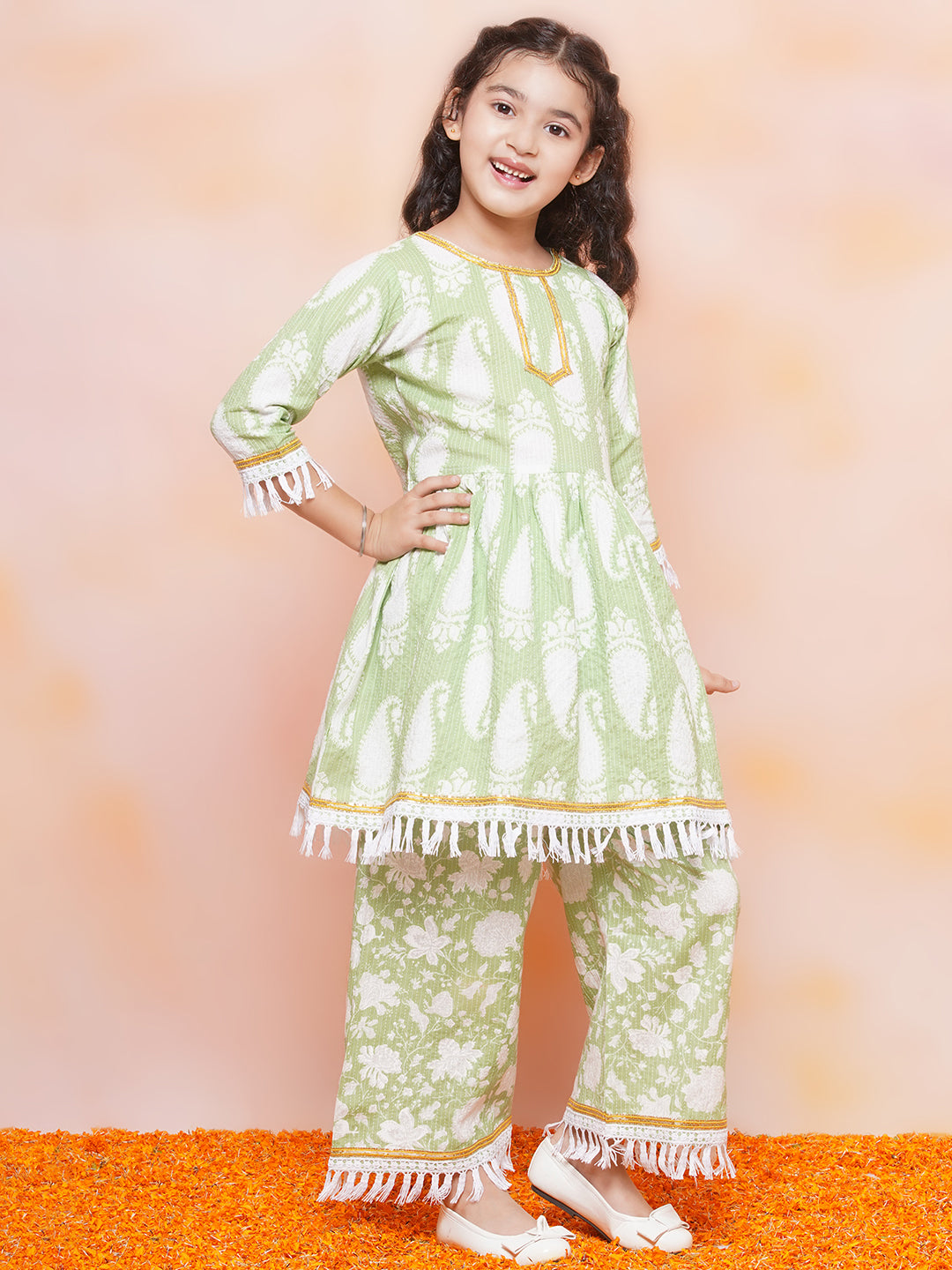 Kids Girls Green Floral Print Cotton Sharara