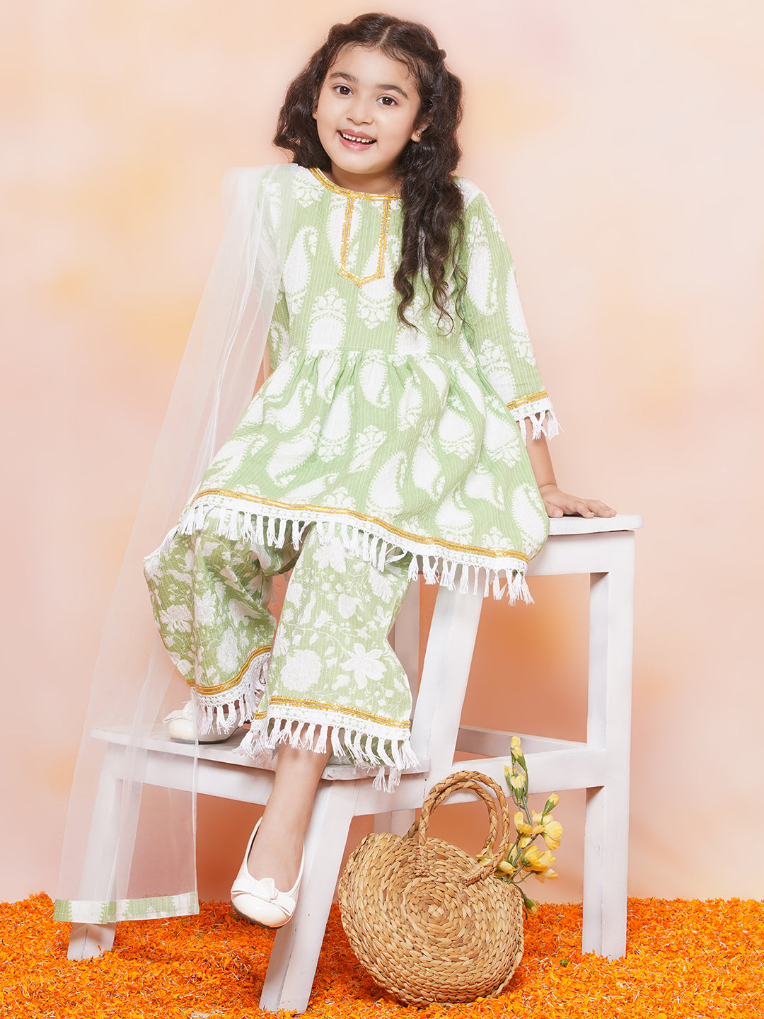 Kids Girls Green Floral Print Cotton Sharara