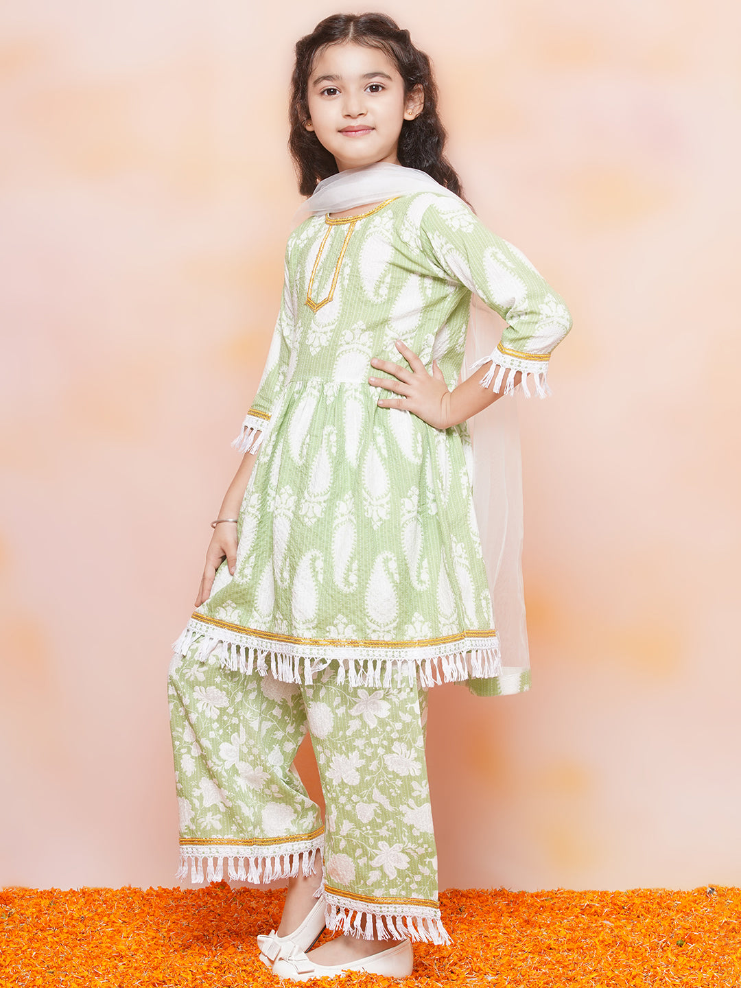 Girls Cotton Printed 3/4th Sleeve Green Kurta Sharara set