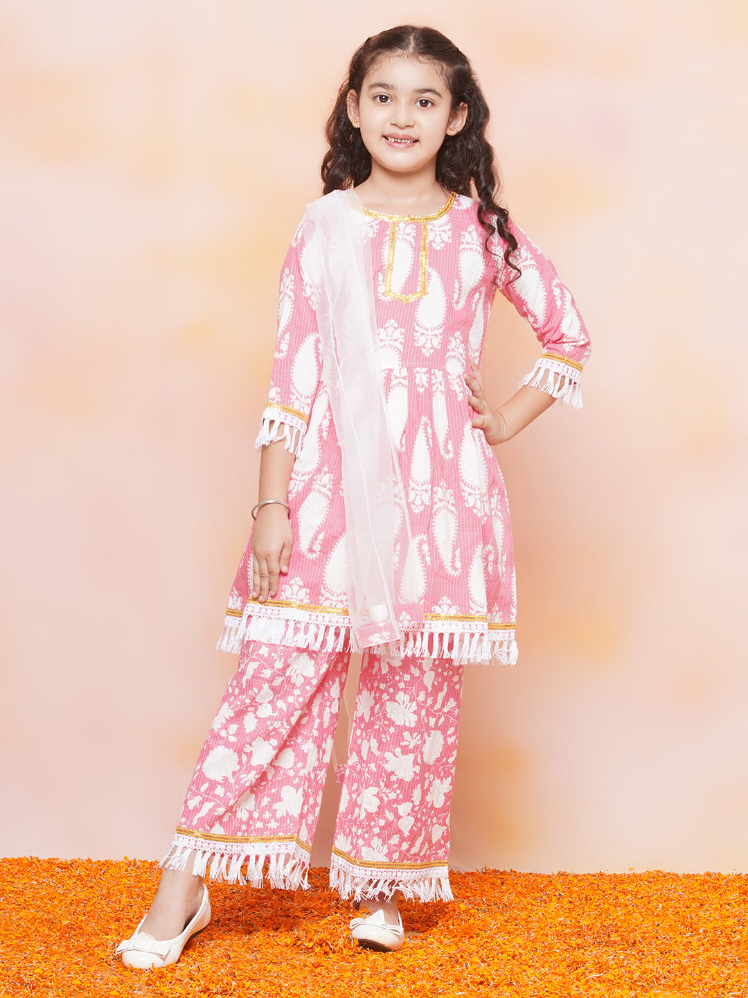 Kids Girls Pink Floral Print Cotton Sharara