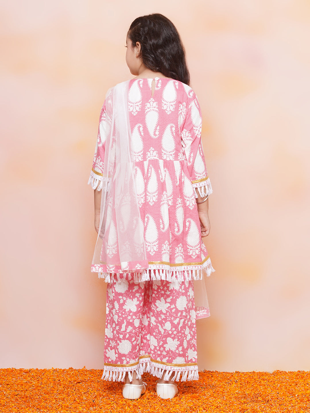 Girls Cotton Printed 3/4th Sleeve Pink Kurta Sharara set
