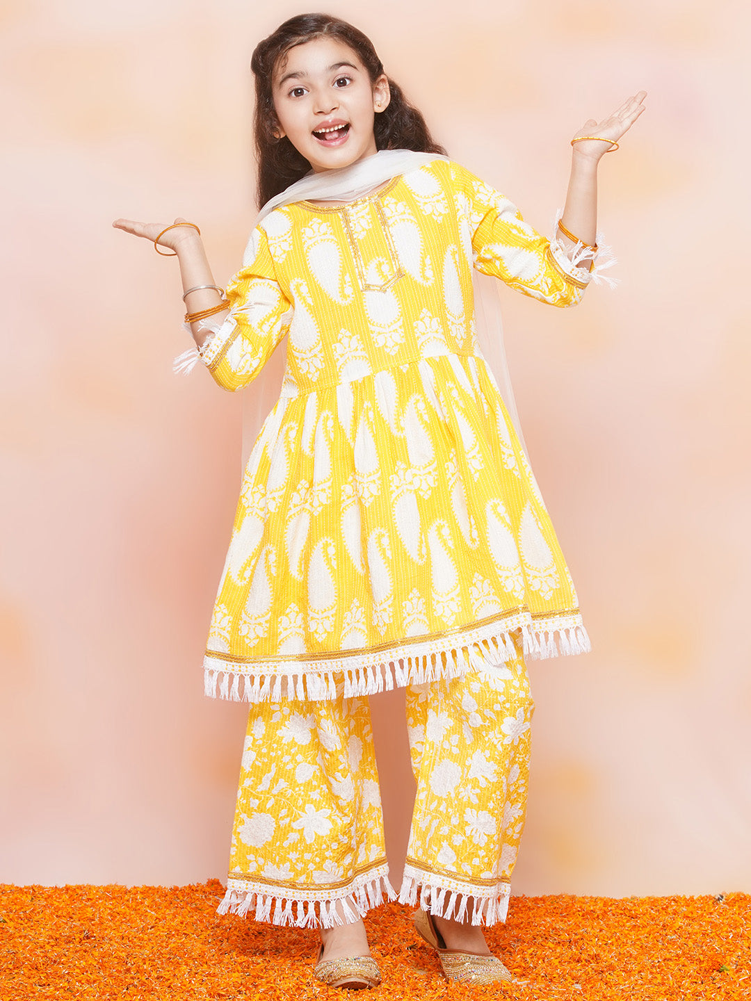 Girls Cotton Printed 3/4th Sleeve Yellow Kurta Sharara set