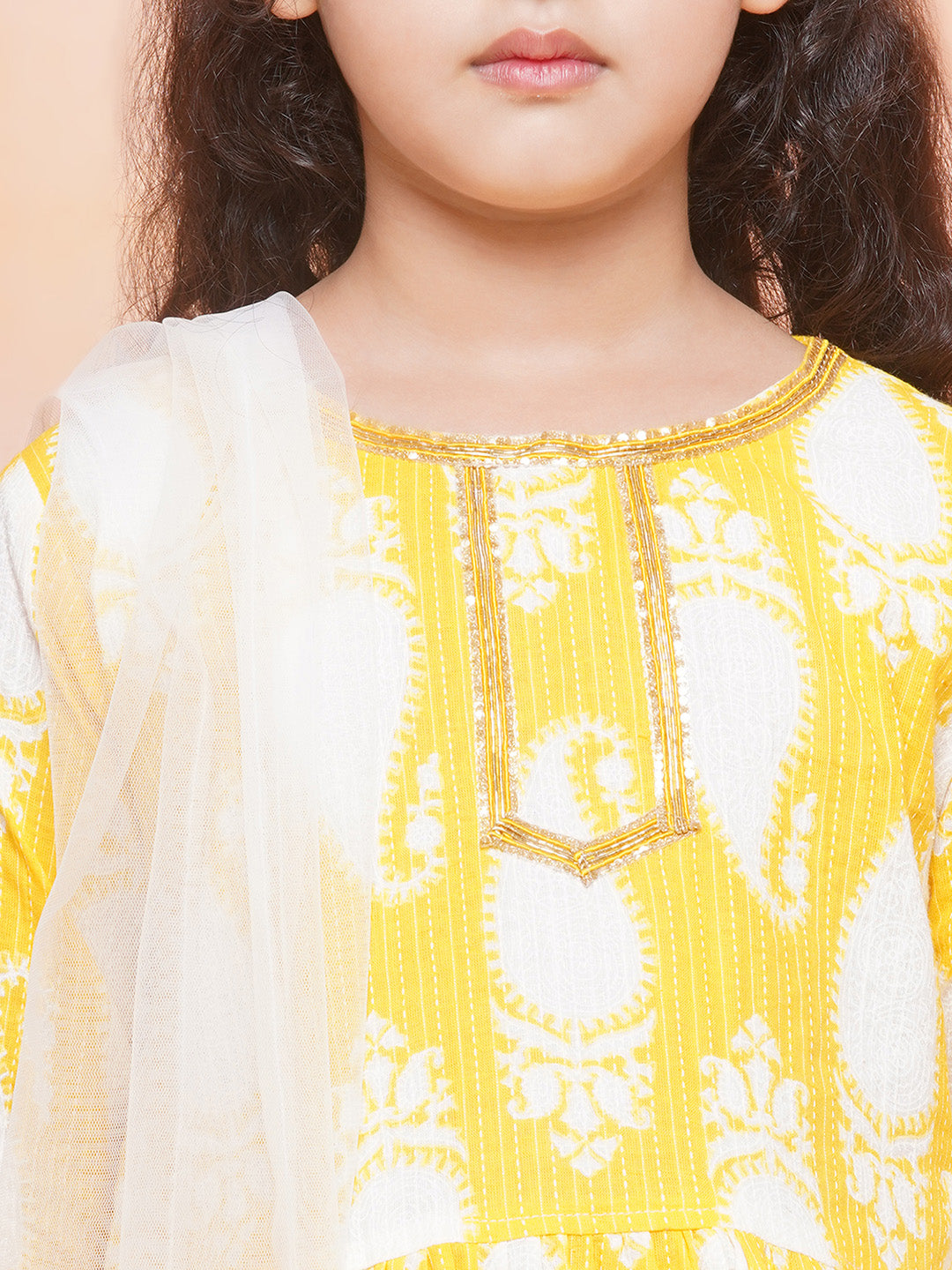 Girls Cotton Printed 3/4th Sleeve Yellow Kurta Sharara set