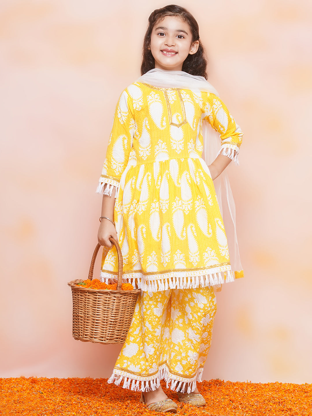 Kids Girls Yellow Floral Print Cotton Sharara