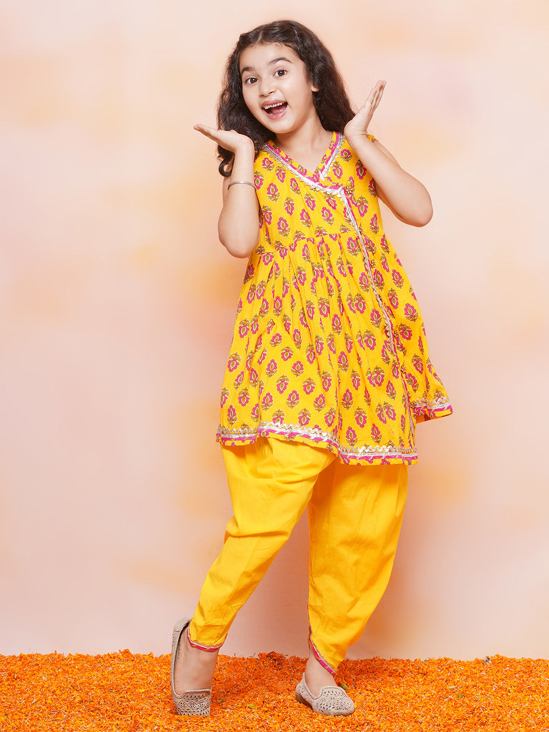 Girls Cotton Floral Printed Sleeveless A Line Yellow Kurta Dhoti Set